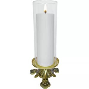 Kit castiçal baixo ouro velho com donzela de vidro 24 cm