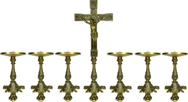 Conjunto Crucifixo Metal De Altar 50Cm E 6 Castiçal 21Cm