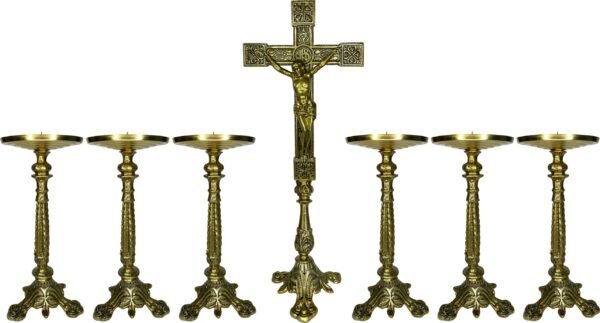 Conjunto Crucifixo Metal De Altar 50 Cm E 6 Castiçal 30Cm