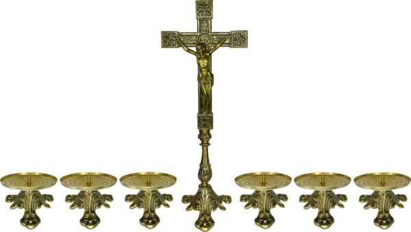 Conjunto Crucifixo Metal De Altar 50Cm E 6 Castiçal 7X13Cm