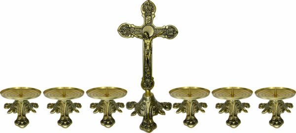Conjunto Crucifixo Metal De Altar 30 Cm E 6 Castiçal Baixo