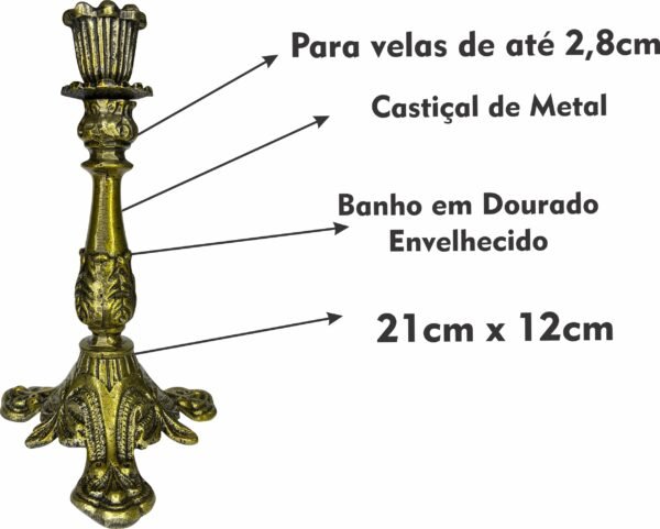 Castiçal Candelabro Ouro Velho 21,5X3Cm P/ Vela Até 2,5 Cm