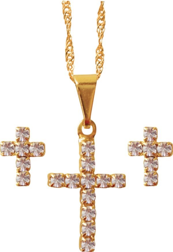 CONJUNTO FOLHEADO A OURO BRINCO COM CRUZ STRASS 228
