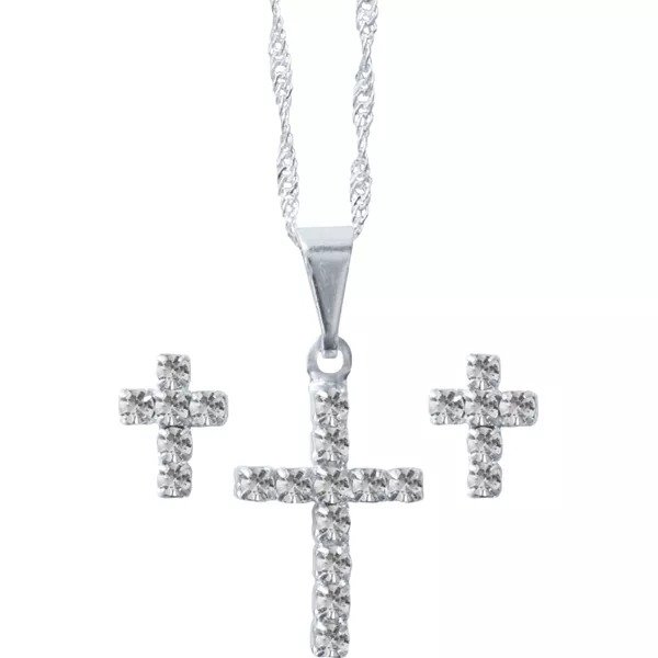 CONJUNTO FOLHEADO A PRATA BRINCO COM CRUZ STRASS MF229