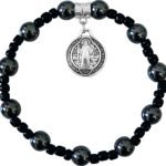 PULSEIRA SÃO BENTO HEMATITA COM MEDALHA REDONDA OVAL