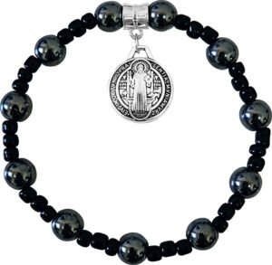 PULSEIRA SÃO BENTO HEMATITA COM MEDALHA REDONDA OVAL