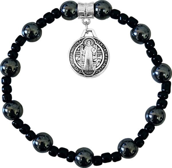 PULSEIRA SÃO BENTO HEMATITA COM MEDALHA REDONDA OVAL