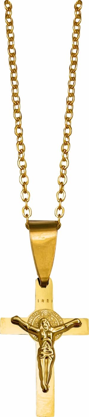 CORRENTE C/ CRUCIFIXO S. BENTO AÇO INOX DOURADO 316