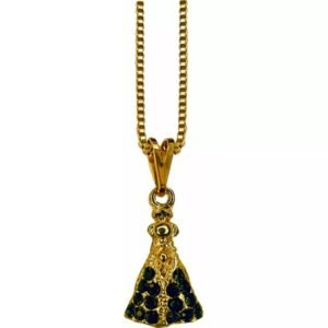 CORRENTE COM PINGENTE APARECIDA F OURO C/16 STRASS AZUL MARINHO