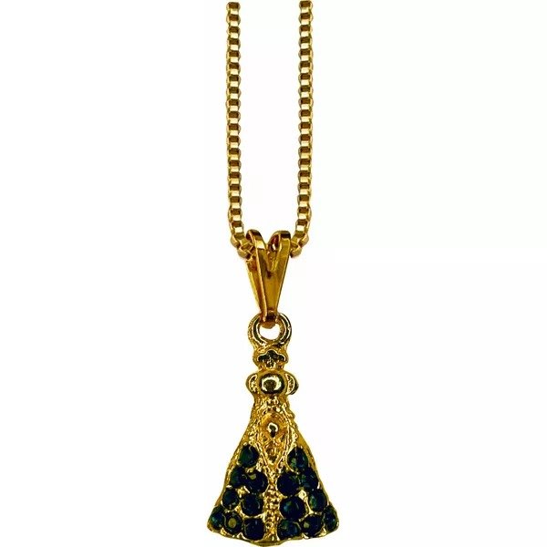 CORRENTE COM PINGENTE APARECIDA F OURO C/16 STRASS AZUL MARINHO