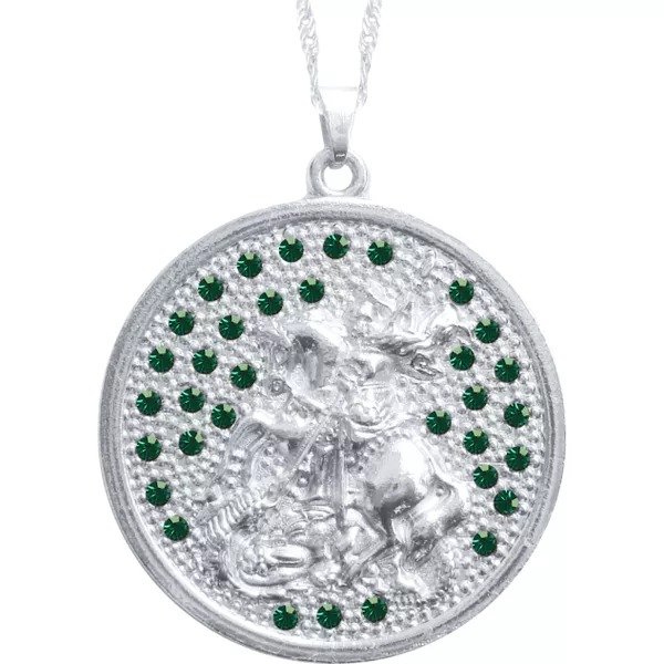 15203534547-pr-85.jpg GARGANTILHA FOLHEADO A PRATA SÃO JORGE GRANDE PEDRA VERDE MF308