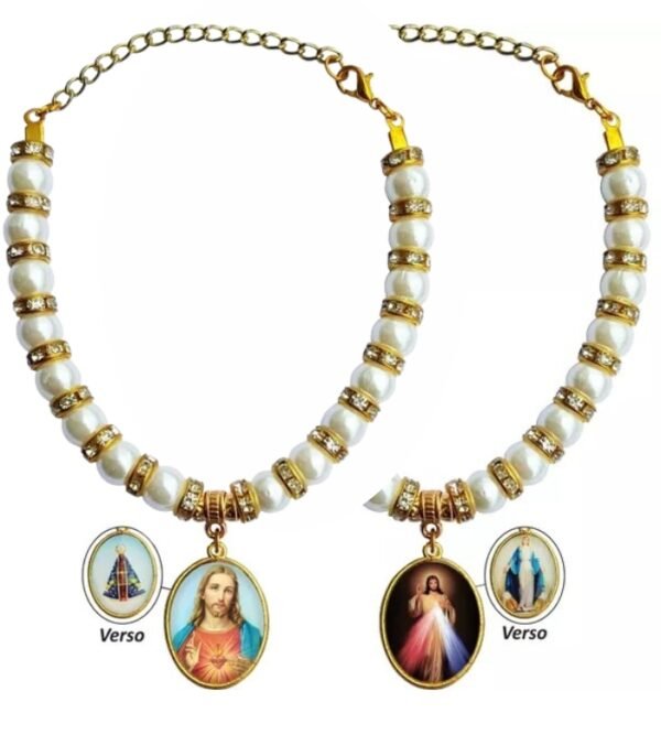 PULSEIRA PÉROLA 8MM COM MEDALHA DUPLA FACE