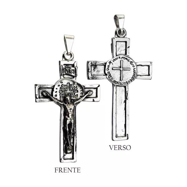 15208319505-cr-55.jpg CRUCIFIXO COM MEDALHA SÃO BENTO ORIGINAL DUAS CRUZES 4,8X3 CM