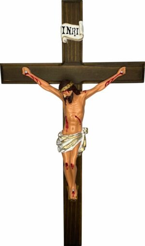 CRUCIFIXO MADEIRA PAREDE COM CRISTO EM RESINA 50CM
