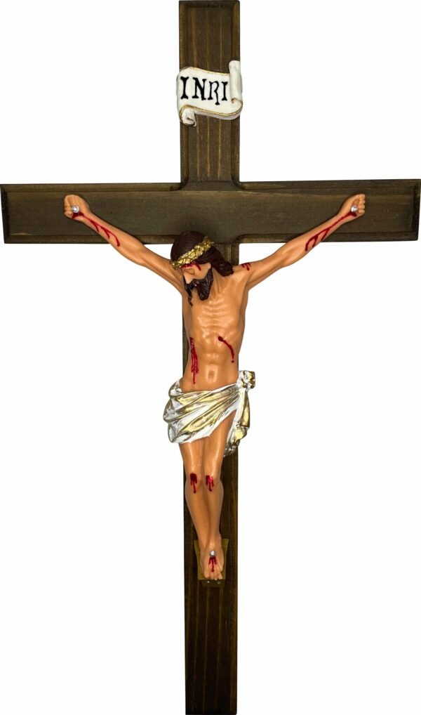 CRUCIFIXO MADEIRA PAREDE COM CRISTO EM RESINA 50CM