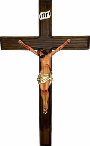 CRUCIFIXO MADEIRA PAREDE COM CRISTO RESINA 30CM