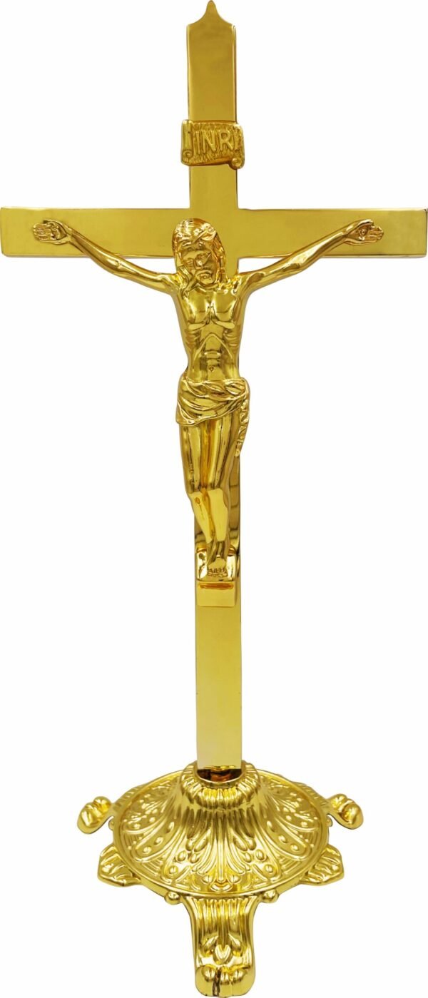 CRUCIFIXO METAL DOURADO COM BASE 26,5CM