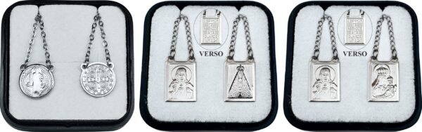 ESCAPULÁRIO CORRENTE AÇO E PINGENTES NIQUELADOS