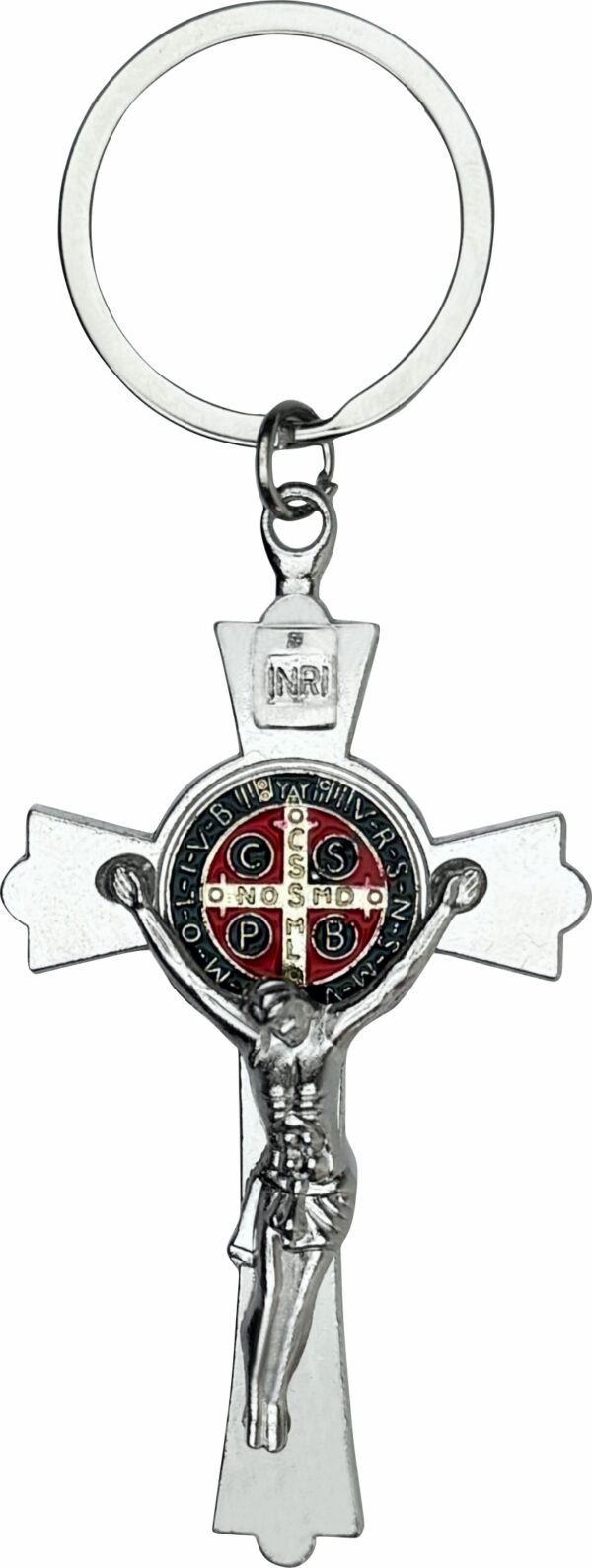 CHAVEIRO SÃO BENTO CRUZ PRATEADO COM MEDALHA COLORIDA