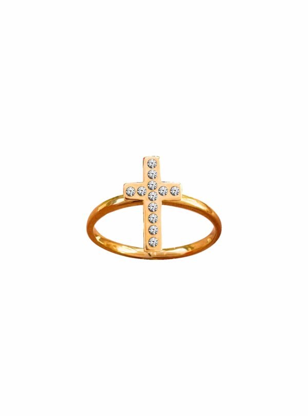 ANEL AÇO INOX COM CRUZ STRASS DOURADO