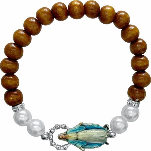 PULSEIRA DE MADEIRA COM PÉROLA NOSSA SENHORA DAS GRAÇAS