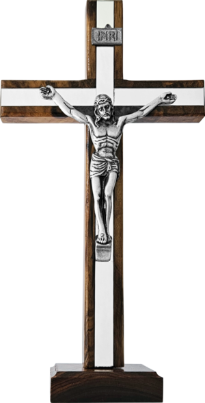 CRUCIFIXO DE MADEIRA ESPELHADA 26,5CM PAREDE E MESA