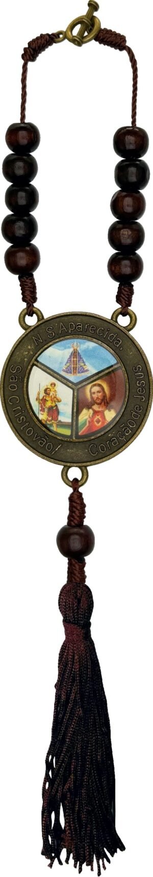 DEZENA DE MADERA PARA CARRO COM 3 DEVOÇÕES - N.S. APARECIDA, SÃO CRISTÓVÃO E CORAÇÃO DE JESUS