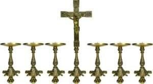 Conjunto Crucifixo Metal De Altar 50Cm E 6 Castiçal 21Cm