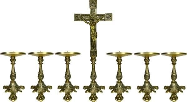 Conjunto Crucifixo Metal De Altar 50Cm E 6 Castiçal 21Cm