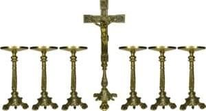 Conjunto Crucifixo Metal De Altar 50 Cm E 6 Castiçal 30Cm