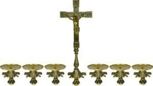 Conjunto Crucifixo Metal De Altar 50Cm E 6 Castiçal 7X13Cm