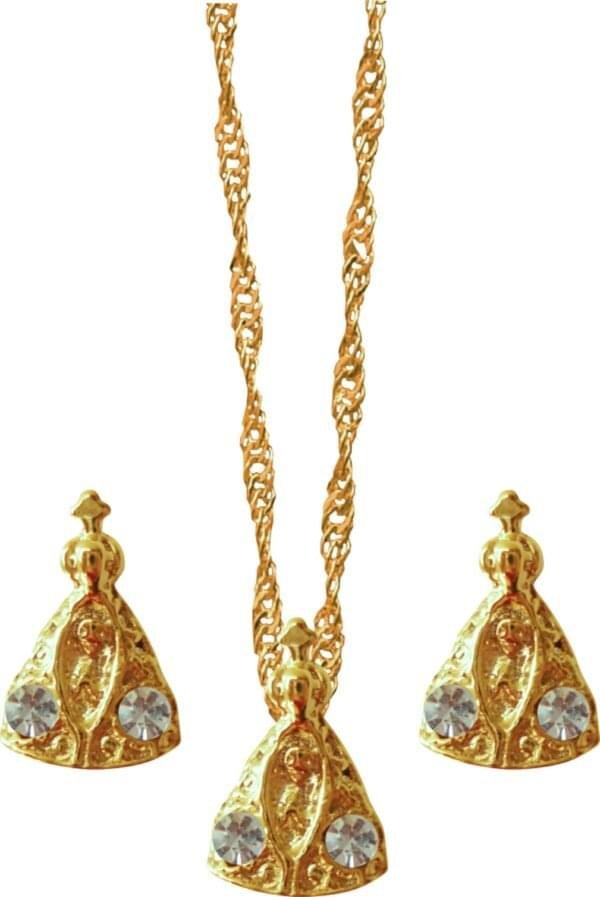 CONJUNTO FOLHEADO OURO BRINCO COM GARGANTILHA APARECIDA MF226