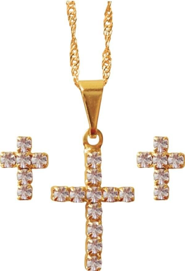 15197744405-fo-106.jpg CONJUNTO FOLHEADO A OURO BRINCO COM CRUZ STRASS 228