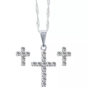CONJUNTO FOLHEADO A PRATA BRINCO COM CRUZ STRASS MF229