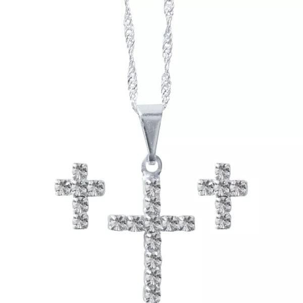 CONJUNTO FOLHEADO A PRATA BRINCO COM CRUZ STRASS MF229